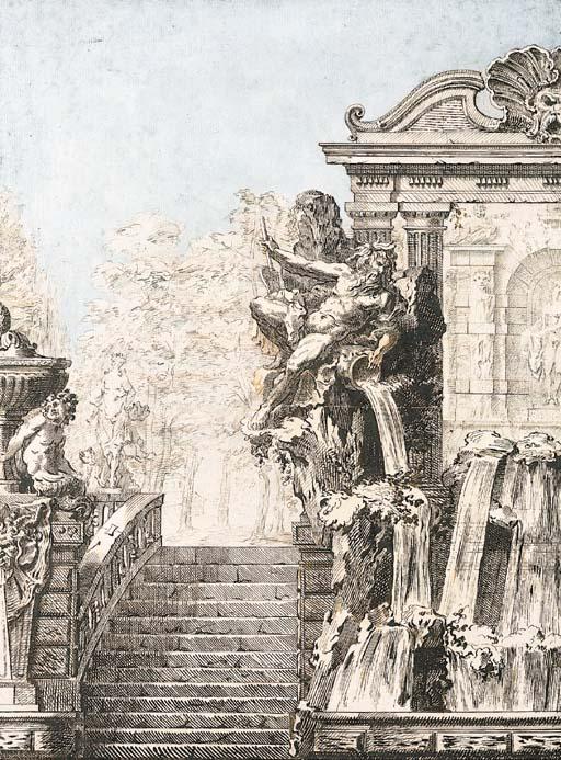 Gilles-Marie Oppenord - A Design For A Fountain Beside A Staircase, A Park In The Background