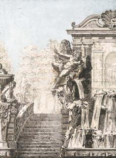 Gilles-Marie Oppenord - A Design For A Fountain Beside A Staircase, A Park In The Background