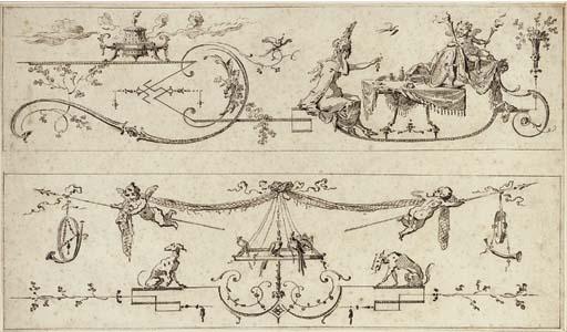 Gilles-Marie Oppenord - A woman trying on jewellery in front of a mirror, and two putti with musical instruments and birds: two decorative designs