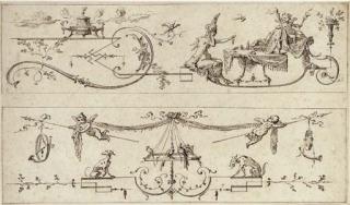 Gilles-Marie Oppenord - A woman trying on jewellery in front of a mirror, and two putti with musical instruments and birds: two decorative designs