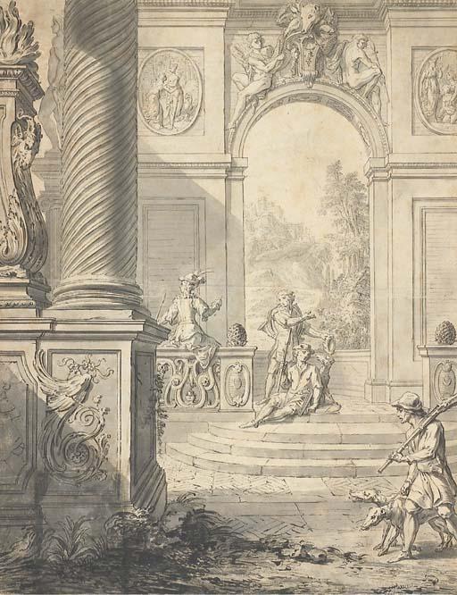 Gilles-Marie Oppenord - Des Chasseurs Sur Une Terrasse Donnant Sur Un Paysage Avec Un Château Dans Le Fond