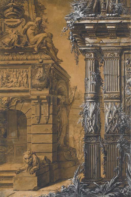 Gilles-Marie Oppenord - The Entrance To A Sepulchre With A Columned Building In The Right, Two Figures In A Courtyard In The Background