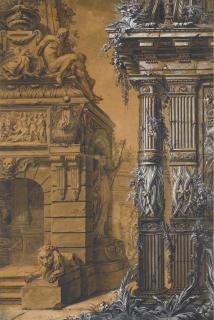 Gilles-Marie Oppenord - The Entrance To A Sepulchre With A Columned Building In The Right, Two Figures In A Courtyard In The Background