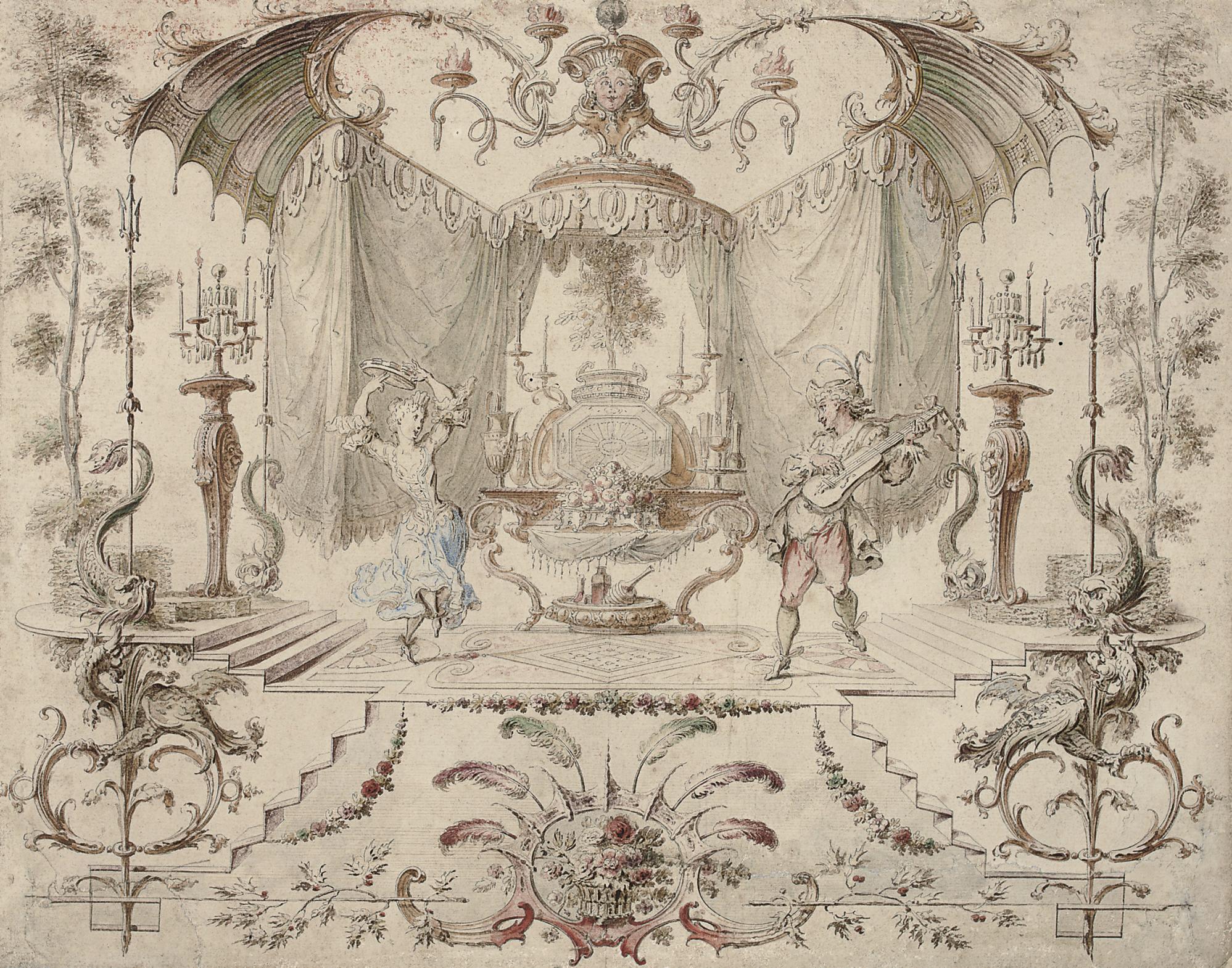 Gilles-Marie Oppenordt - A woman dancing and playing the tambourine, a man playing the guitar, in an ornamental cartouche