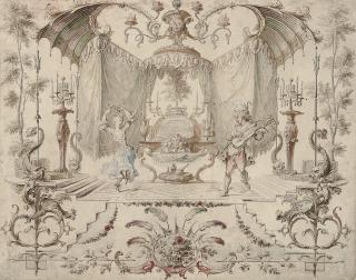 Gilles-Marie Oppenordt - A woman dancing and playing the tambourine, a man playing the guitar, in an ornamental cartouche