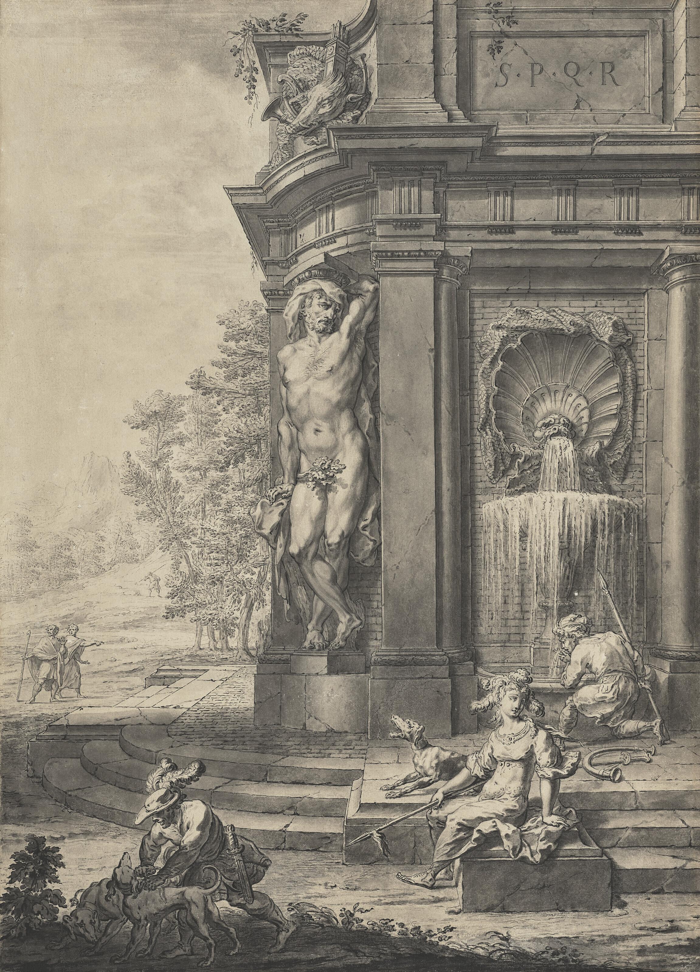 Gilles-Marie Oppenordt - Architectural capriccio with fountain and caryatids, an allegory of hunting in the foreground