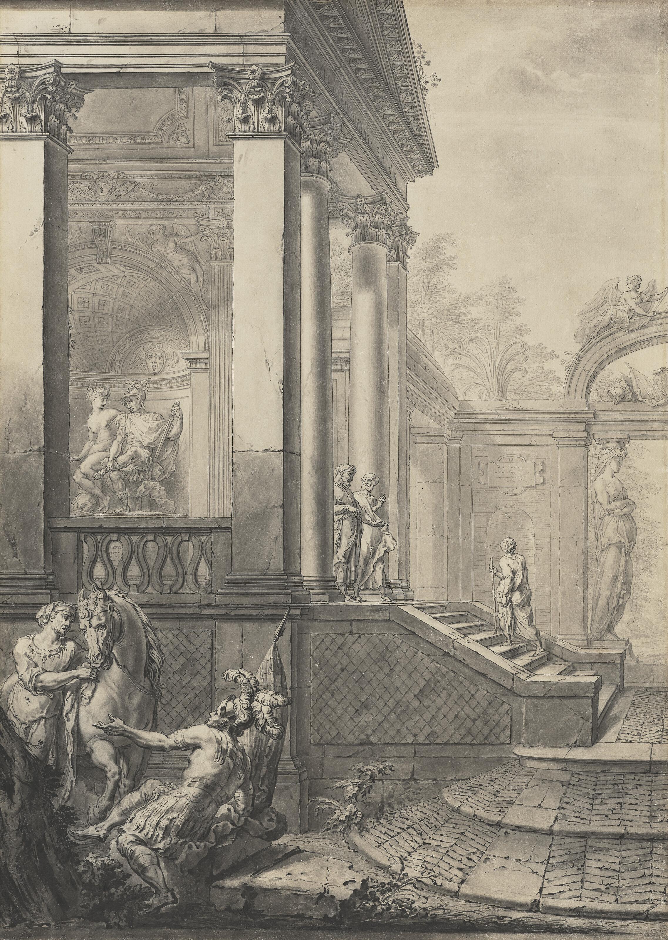 Gilles-Marie Oppenordt - Architectural capriccio with soldiers in the foreground