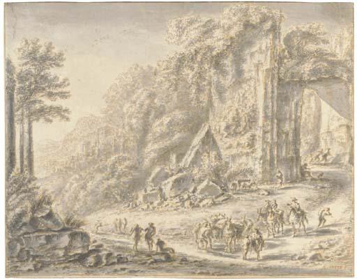 Gilles Neyts - A Gateway In The Walls of A Ruined City With Travellers And Pack-Animals