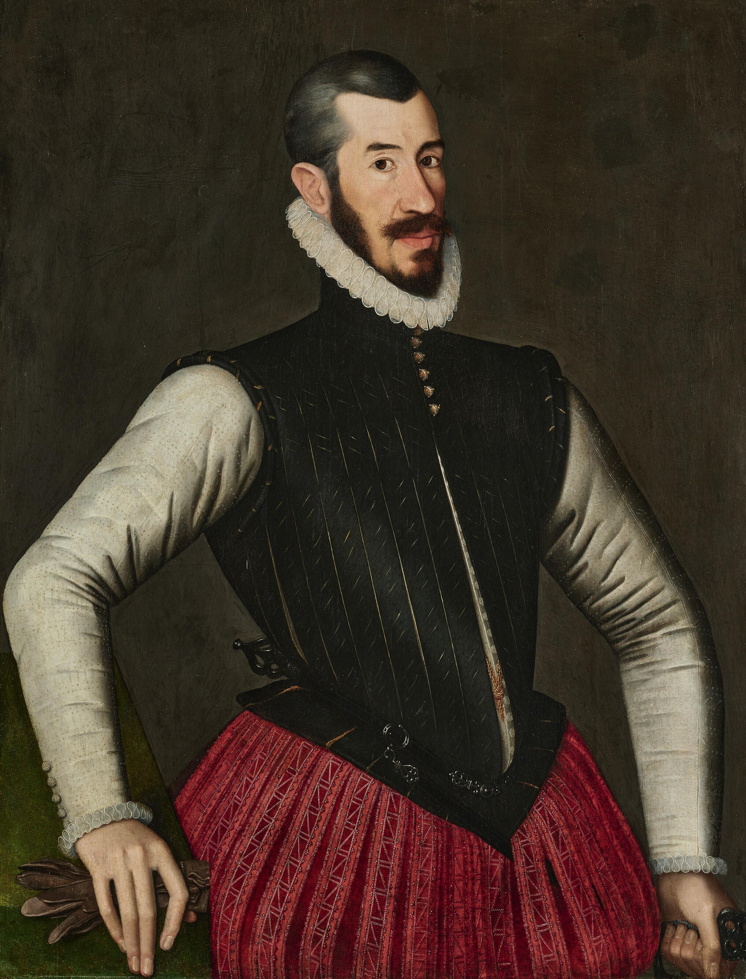 Gillis Claeissens - Portrait of a gentleman, three-quarter-length, in red breaches and a black jacket, holding a pair of gloves