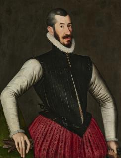 Gillis Claeissens - Portrait of a gentleman, three-quarter-length, in red breaches and a black jacket, holding a pair of gloves