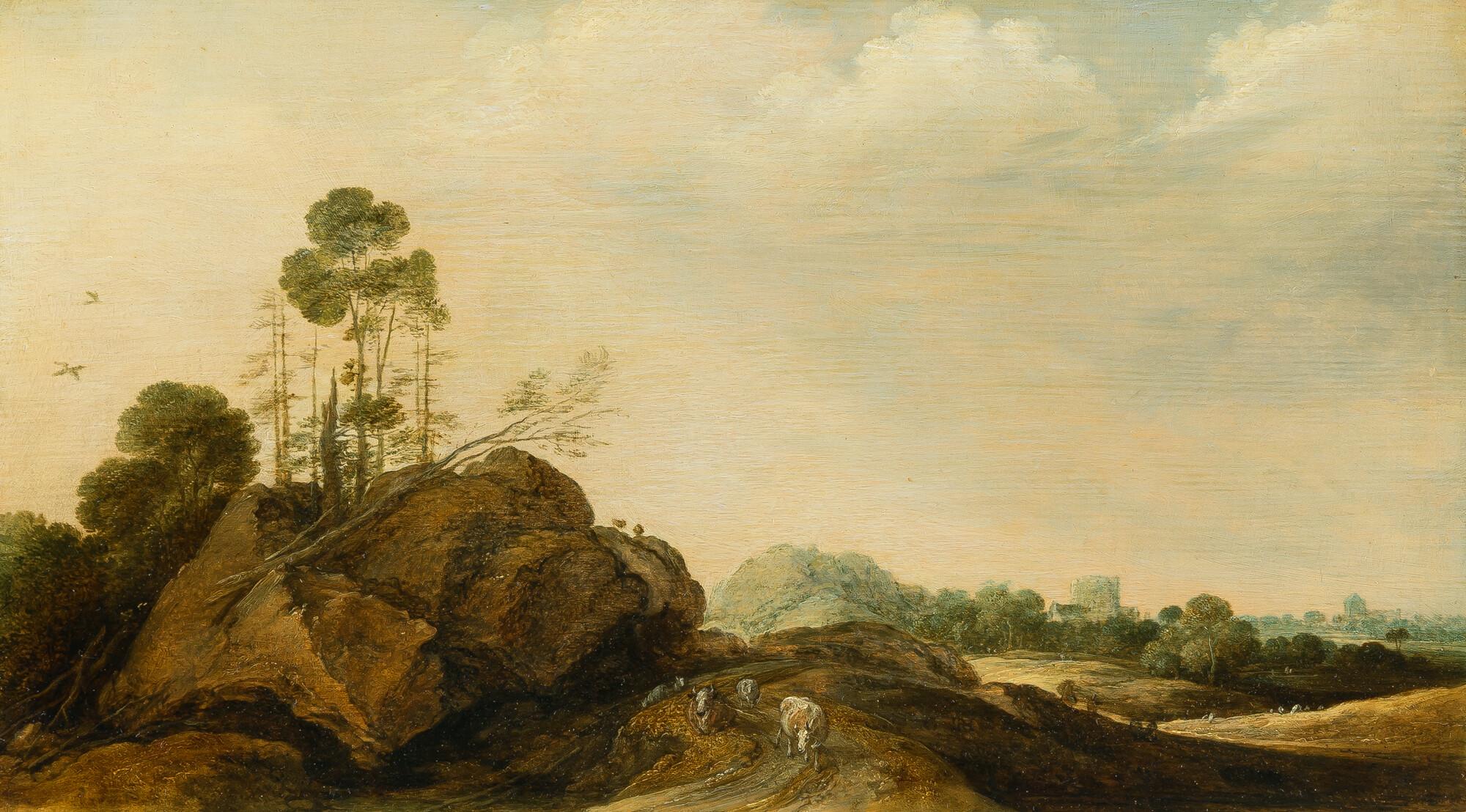 Gillis Claesz. D‘ Hondecoeter - Felsige Landschaft mit Vieh und Reisenden auf einer Landstraße