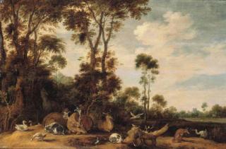 Gillis Claesz. D\'Hondecoeter - Deer, a goat, a cat, a fox and birds in a wooded landscape
