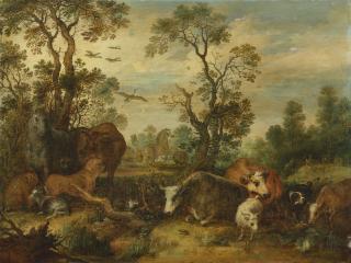 Gillis Claesz. D\'Hondecoeter - Landscape With Cattle, Horses, A Cheetah, A Camel And Other Animals