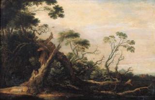 Gillis Claesz. D\'Hondecoeter - Stags and rabbits at the foot of a blasted tree in a landscape