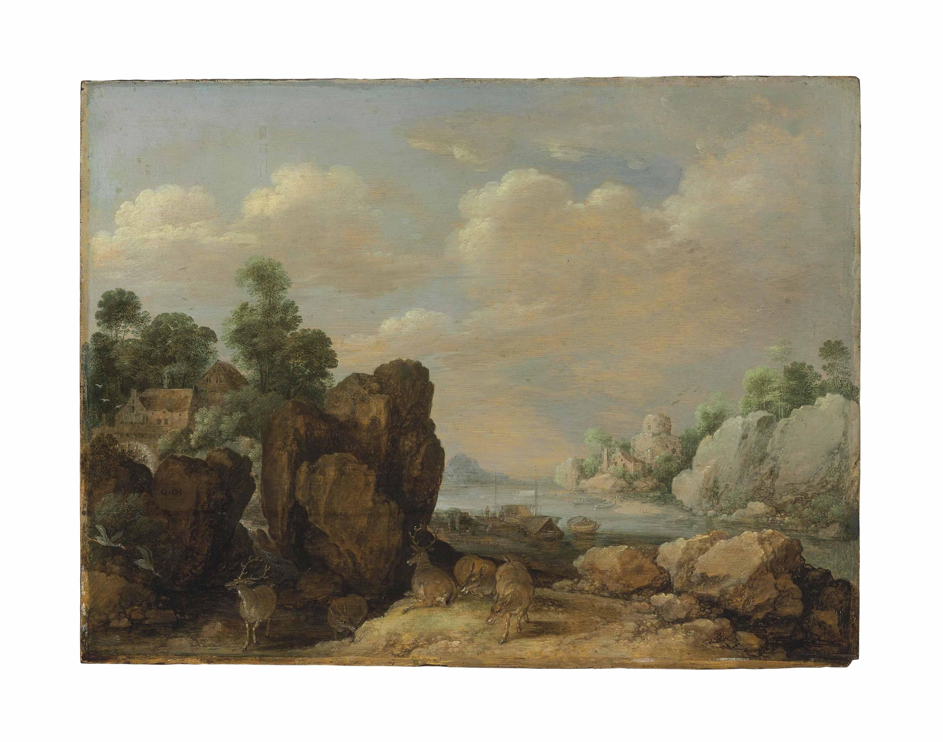 Gillis d\'Hondecoeter - A Landscape With An Estuary And A Deer