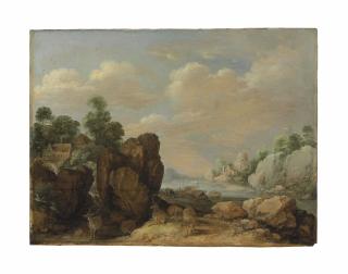 Gillis d\'Hondecoeter - A Landscape With An Estuary And A Deer