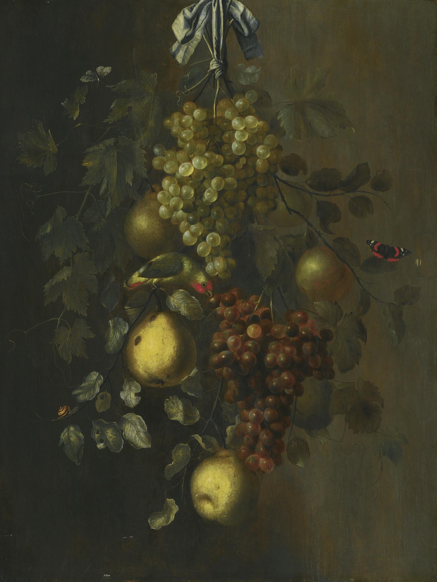 Gillis Gillisz. De Bergh - A Festoon Of Grapes, Apples And Pears Hanging From A Nail, With Snails, Butterflies And A Parrot