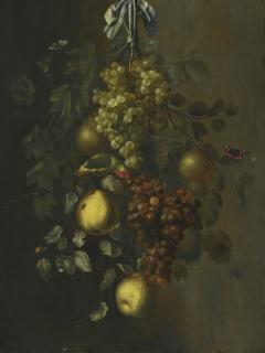 Gillis Gillisz. De Bergh - A Festoon Of Grapes, Apples And Pears Hanging From A Nail, With Snails, Butterflies And A Parrot