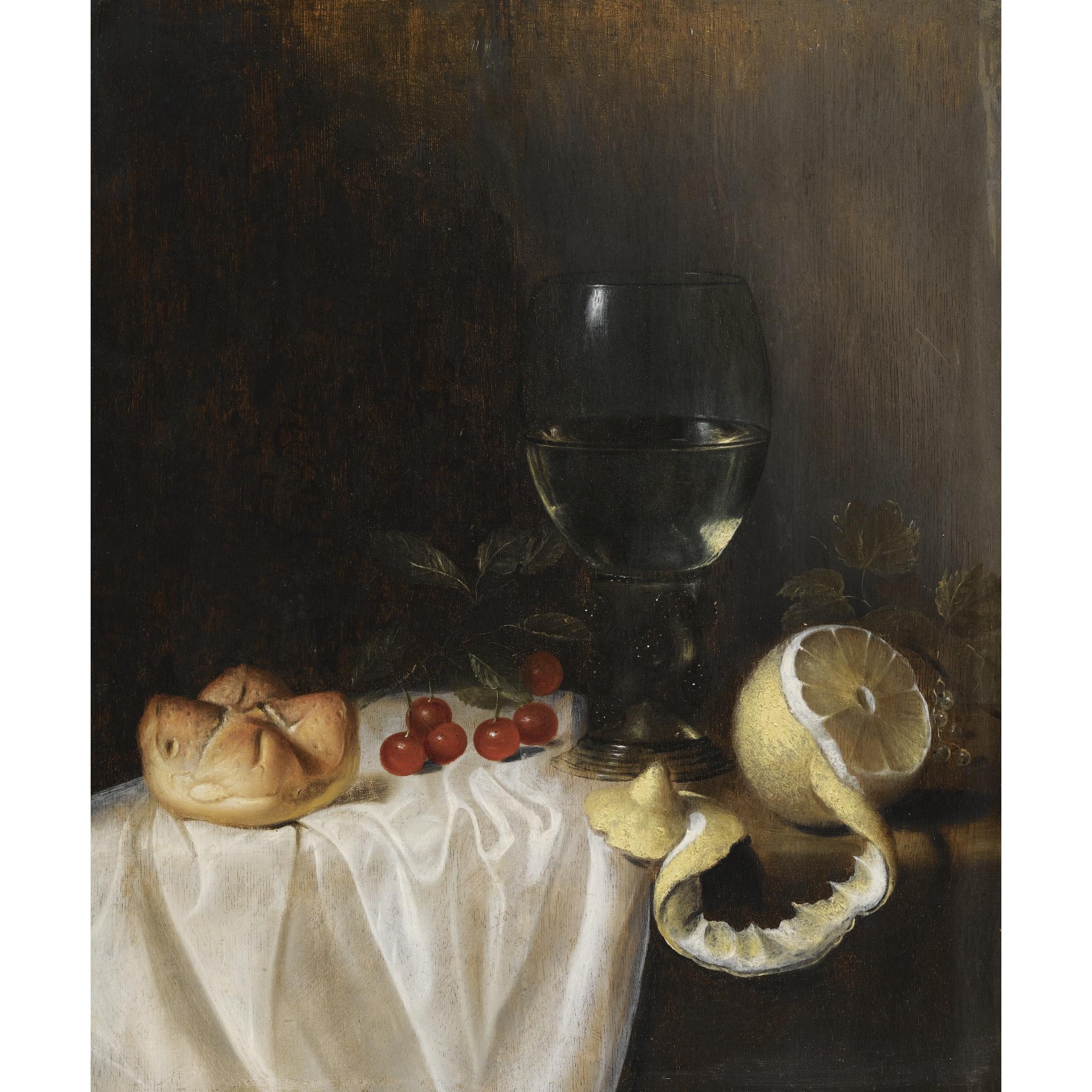 Gillis Gillisz. De Bergh - A Still Life With A Roemer, A Peeled Lemon, Cherries And A Bread Roll On A Partly-Draped Table