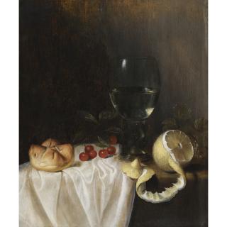 Gillis Gillisz. De Bergh - A Still Life With A Roemer, A Peeled Lemon, Cherries And A Bread Roll On A Partly-Draped Table