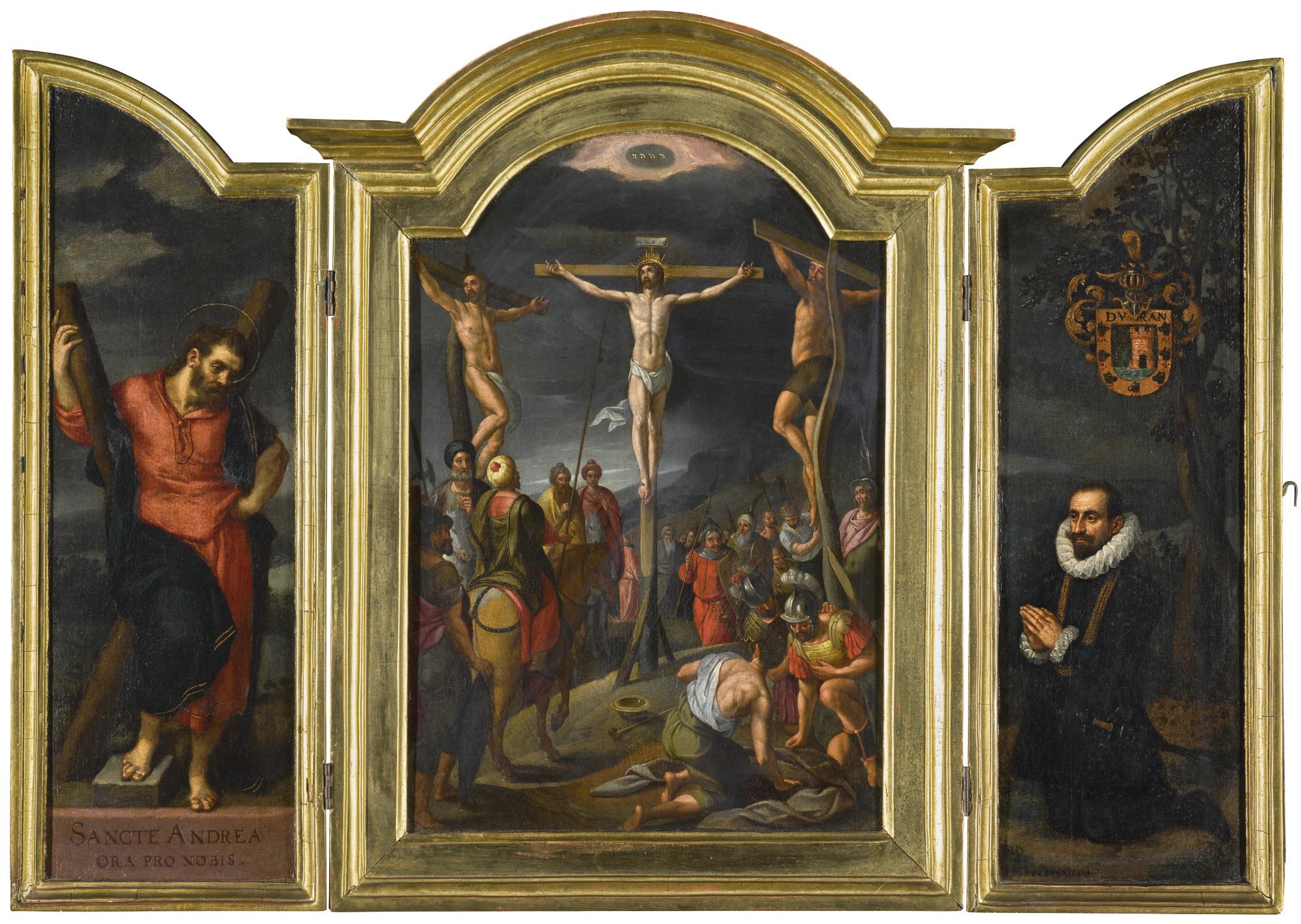 Gillis Mostaert - A Triptych: Central Panel: The Crucifixion Left Wing: Saint Andrew Right Wing: A Kneeling Male Donor Of The Escalera Family