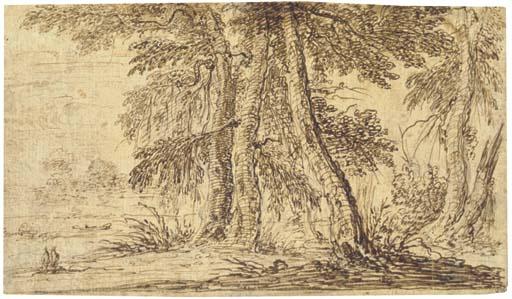 Gillis Neyts - A copse of mature trees with two figures (recto), A woodland clearing (verso)