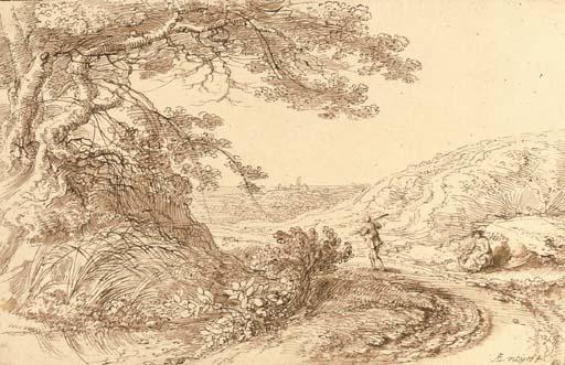 Gillis Neyts - A landscape with a large tree overhanging a track, a traveller and a seated woman to the right