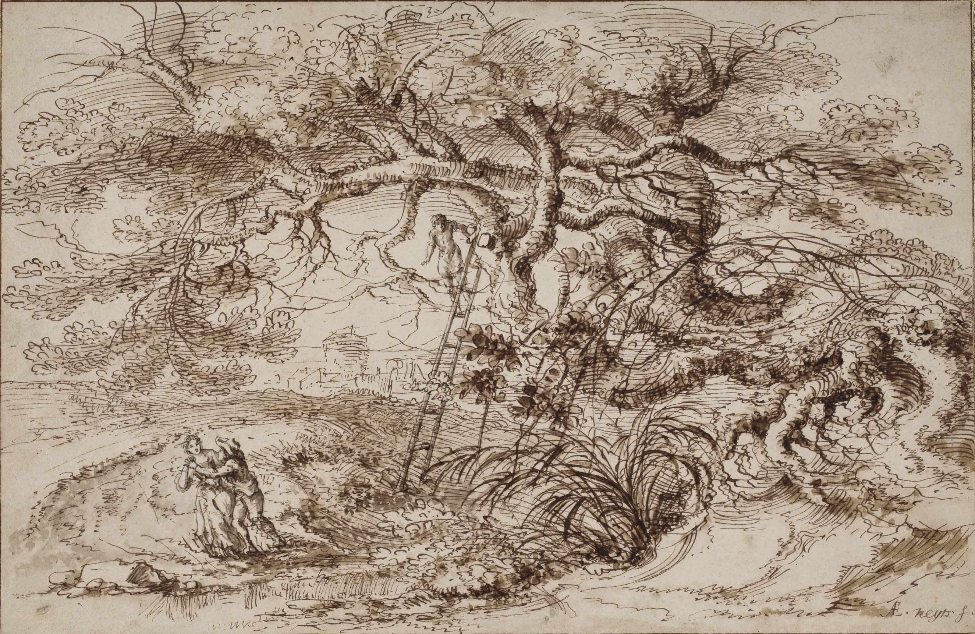 Gillis Neyts - A landscape with a monumental tree and an amorous couple