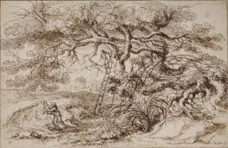 Gillis Neyts - A landscape with a monumental tree and an amorous couple