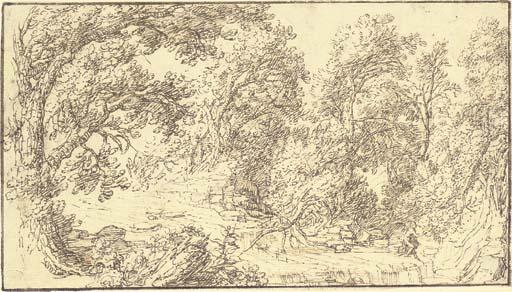 Gillis Neyts - A river through a wood with a nymph fishing at a waterfall