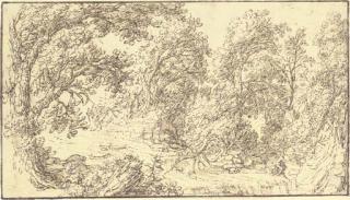 Gillis Neyts - A river through a wood with a nymph fishing at a waterfall