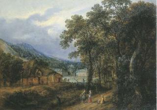 Gillis Neyts - A Wooded Landscape With Figures On A Path, Farmhouses Beyond