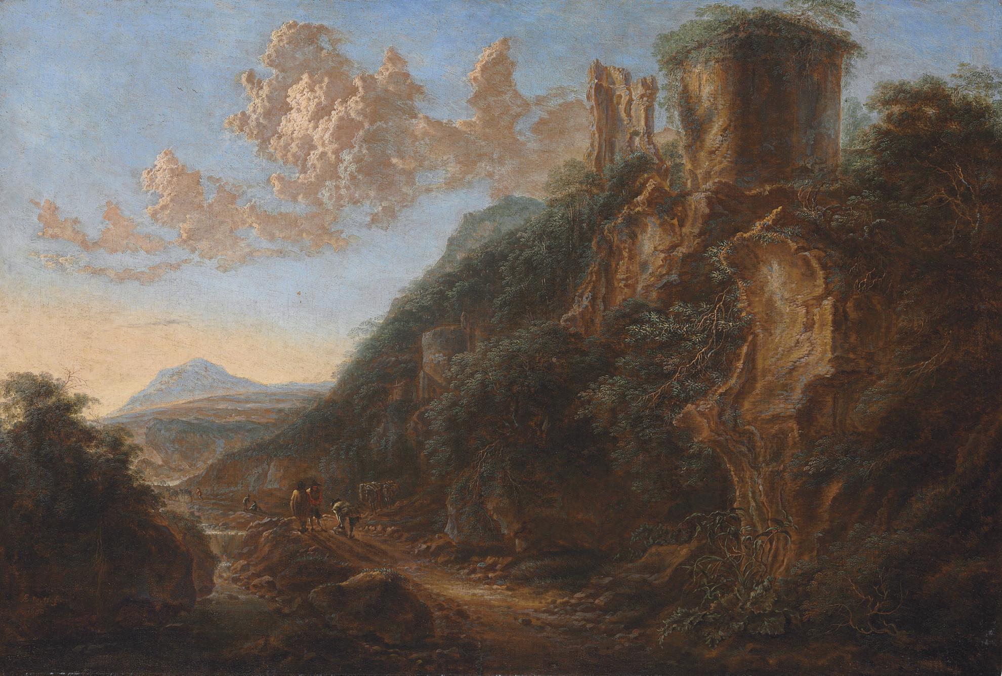 Gillis Neyts - An Italianate landscape with travelers on a path by a ruin