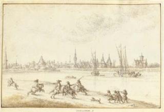 Gillis Neyts - View of Dendermonde seen across the River Schelde, a cavalry skirmish in the foreground