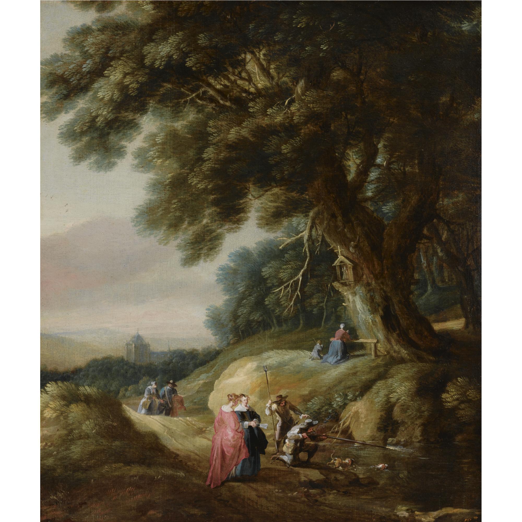 Gillis Peeters The Elder - A Wooded Landscape With Elegant Travellers And Huntsmen On A Path, With A Woman And A Child Praying At A Shrine