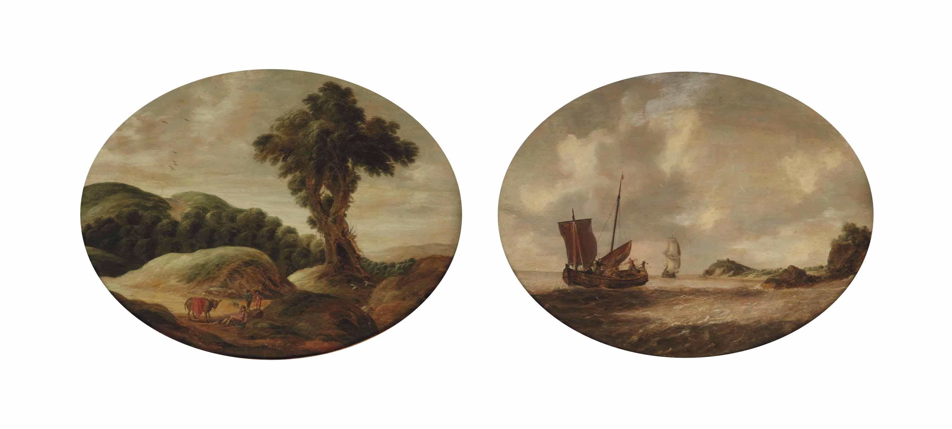 Gillis Peeters - A hilly landscape with travellers resting on a track; and A coastal landscape with a small ship and a man-o\'-war on choppy waters