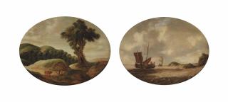 Gillis Peeters - A hilly landscape with travellers resting on a track; and A coastal landscape with a small ship and a man-o\'-war on choppy waters