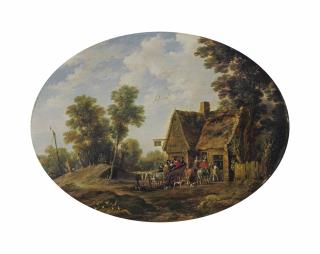 Gillis Peeters - A wooded landscape with travellers halting by an inn