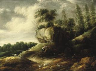 Gillis Peeters - A wooded rocky landscape with a couple tending sheep