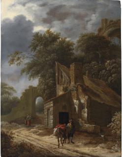 Gillis Rombouts - A muleteer on a track with cottages and a ruin beyond