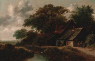 Gillis Rombouts - Peasants resting before a riverside cottage