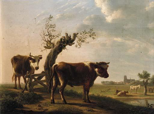 Gillis Smak Gregoor - A bull and a cow by a pollarded willow, Dordrecht beyond, in summer