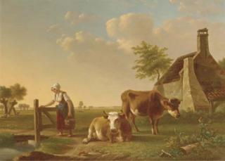 Gillis Smak Gregoor - A milkmaid and her cows in a farmyard