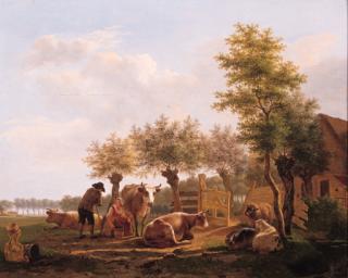 Gillis Smak Gregoor - A traveller conversing with a milkmaid in a farmyard, in summer