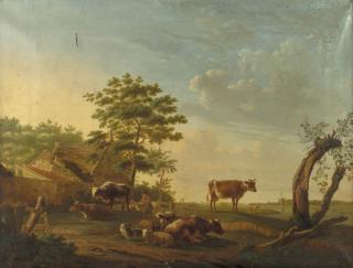 Gillis Smak Gregoor - Cattle, sheep and goats in a landscape, a cowherd conversing with a peasantwoman near a farmhouse beyond