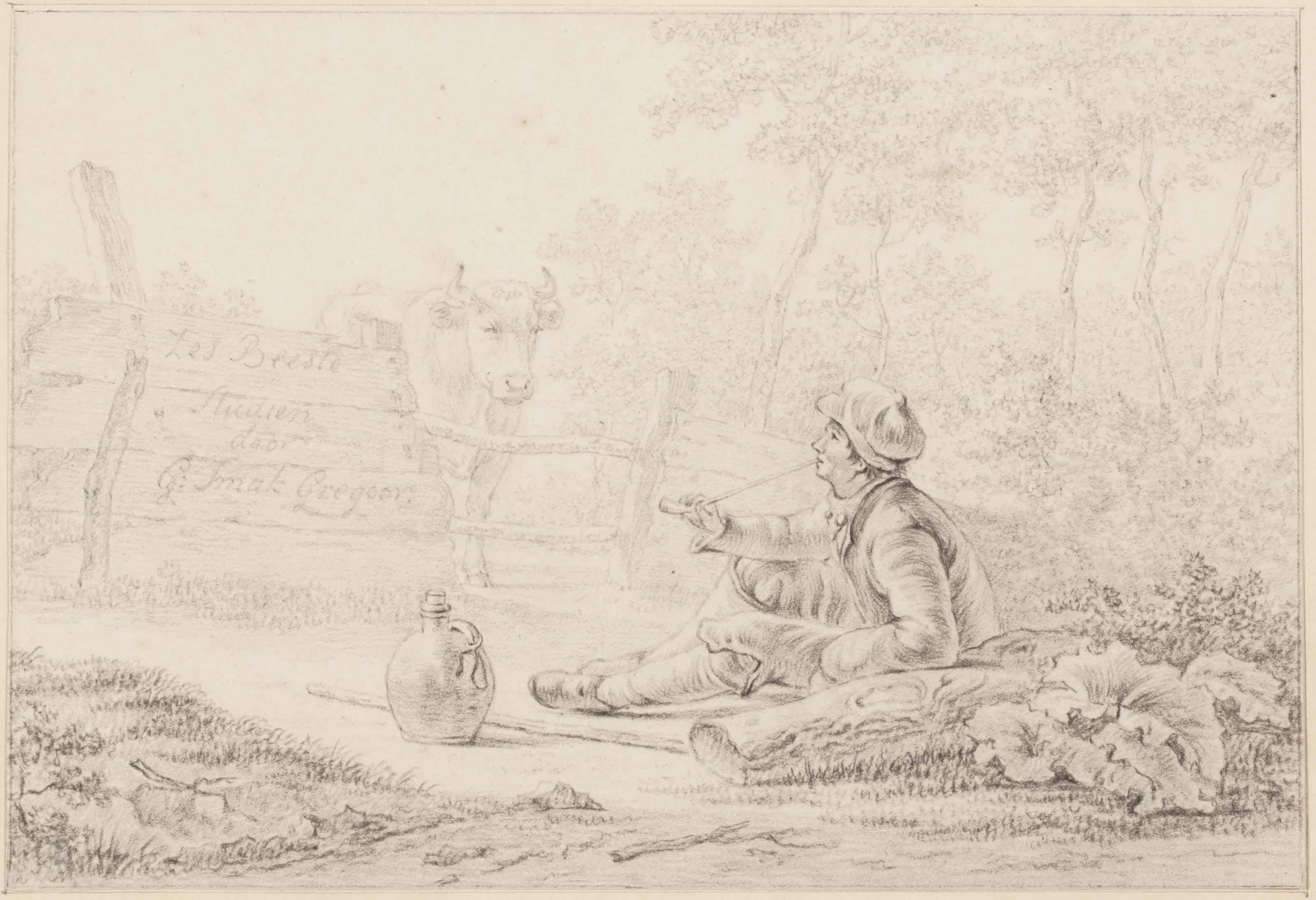 Gillis Smak Gregoor - Design For A Title Page: A Seated Peasant Smoking A Pipe By A Fenced Field With A Cow; And Five Further Studies Of Friesian Cattle (Pl. 5)