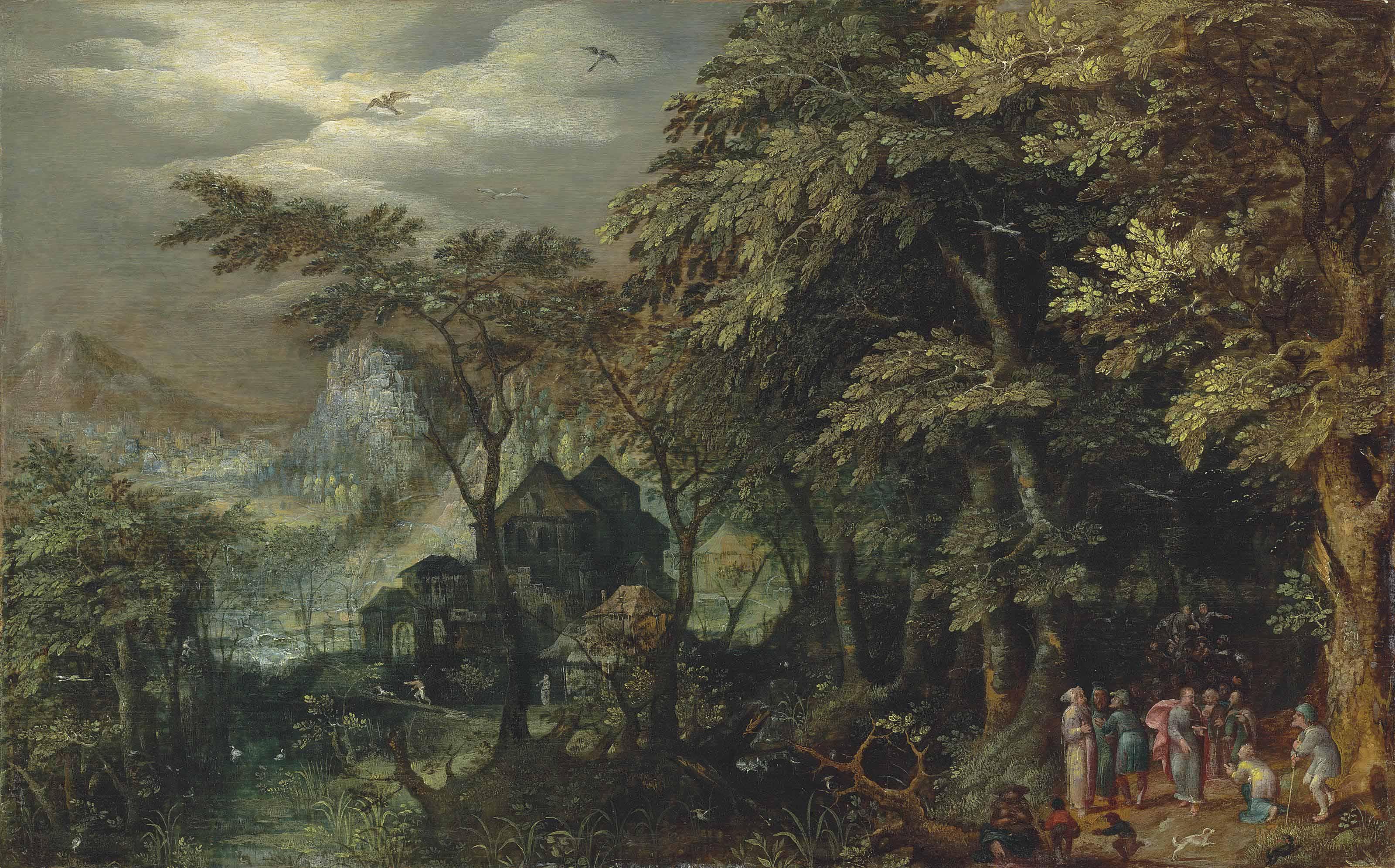 Gillis Van Coninxloo II - An Extensive Wooded Landscape With Christ Healing The Lame Man, A Village And A Town By The Mountains Beyond