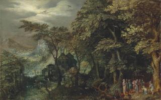 Gillis Van Coninxloo II - An Extensive Wooded Landscape With Christ Healing The Lame Man, A Village And A Town By The Mountains Beyond