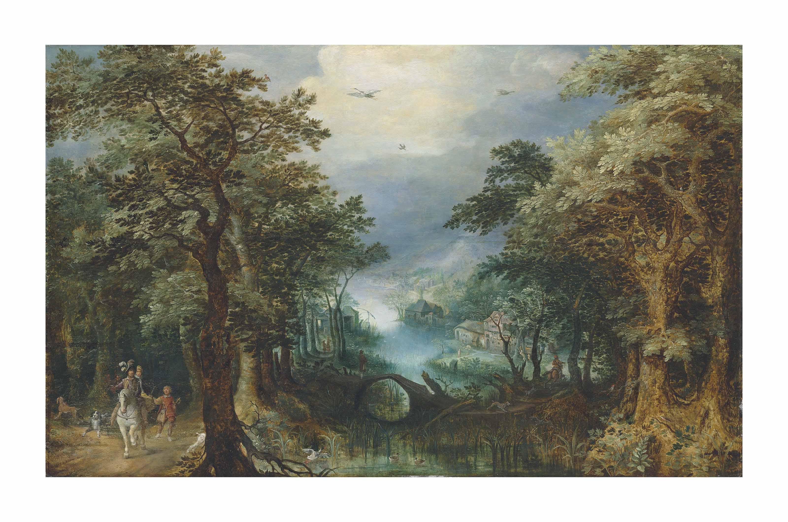 Gillis Van Coninxloo Ii - An extensive wooded river landscape with a hunting party, a village beyond