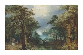 Gillis Van Coninxloo Ii - An extensive wooded river landscape with a hunting party, a village beyond